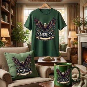 May include: A dark green t-shirt, a square throw pillow, and a ceramic mug, each featuring a graphic of a bald eagle with spread wings above a banner that reads 250 YEARS OF FREEDOM AMERICA 1776-2026 in gold, white, and blue colors.