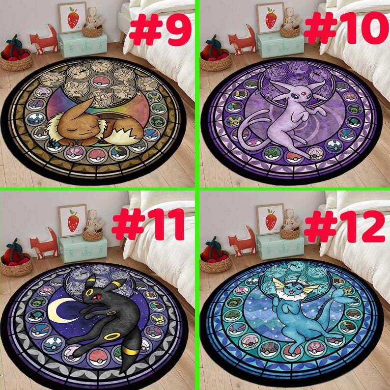 May include: Four round rugs with stained glass designs featuring Pok&eacute;mon characters. Each rug has a black border and a central image of a different Pok&eacute;mon, including Eevee, Espeon, Umbreon, and Vaporeon. The rugs are on a bedroom floor.