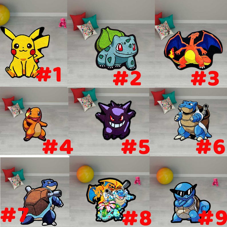 May include: A collection of nine colorful character rugs, each featuring a different Pok&eacute;mon design. The rugs are in various shapes and sizes, with vibrant colors and detailed illustrations. Each rug has a number from 1 to 9.