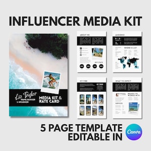 May include: A media kit template for influencers, featuring a cover with a beach photo and a surfer. The kit includes sections on "About Me," "Audience," "My Vibe," and "What to Expect." The text reads "Liz Taylor, Travel Blogger & Influencer."