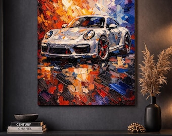 Porsche 911 Impasto Oil Painting Print, Textured Palette Knife