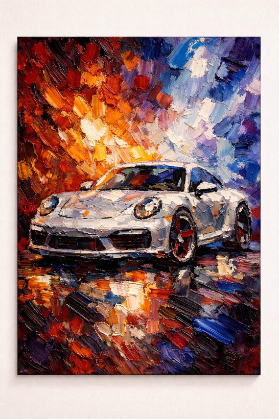 Porsche 911 Impasto Oil Painting Print, Textured Palette Knife