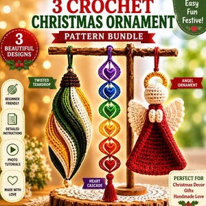 May include: A crochet pattern bundle featuring three Christmas ornaments: a twisted teardrop in green, yellow, and white; a heart cascade in rainbow colours with a red tassel; and an angel ornament with a red dress and white wings.