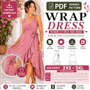 Wrap Dress Sewing Pattern PDF | Sleeveless V-Neck Women's Midi Dress Pattern | Easy Beginner Summer Dress | 2XS-5XL Instant Download