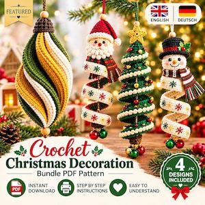Może przedstawiać: Cztery szydełkowe ozdoby świąteczne, w tym spiralna bombka, Święty Mikołaj, choinka i bałwan. Tekst głosi Crochet Christmas Decoration Bundle PDF Pattern, 4 DESIGNS INCLUDED, INSTANT DOWNLOAD, STEP BY STEP INSTRUCTIONS.