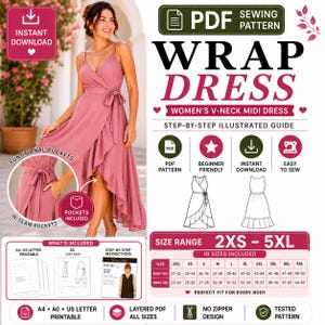 Peut inclure: Un patron de couture PDF numérique pour une robe portefeuille mauve avec un col en V, des bretelles fines et un ourlet à volants. Le patron comprend un guide illustré étape par étape, des poches intégrées et des tailles du 2XS au 5XL.