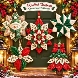 May include: Five quilted Christmas ornaments featuring fabric patterns of a snowman, a poinsettia, a star, a floral flower, and a tree. The ornaments are crafted with red, green, and white fabric, hanging by ribbons with a sign reading 5 Quilted Christmas Ornament Patterns.