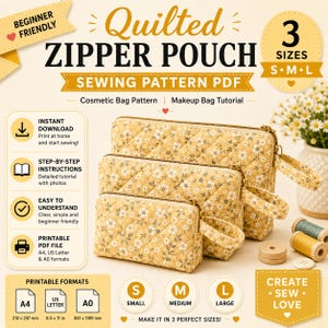 Quilted Zipper Pouch Sewing Pattern PDF | Makeup Bag Pattern | Cosmetic Bag Tutorial | Boxy Pouch | Printable A4 US Letter A0 | 3 Sizes