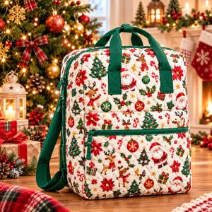 May include: A quilted backpack featuring a festive Christmas pattern on a white background. The print includes Santa Claus, reindeer, decorated pine trees, candy canes, gift boxes, and poinsettias. It has dark green straps and zippers.