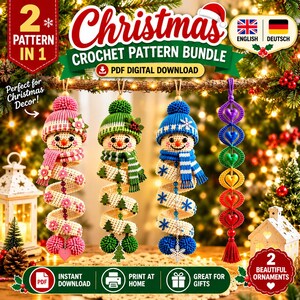 May include: A digital PDF crochet pattern bundle featuring three spiral snowman ornaments with pink, green, and blue hats and scarves, plus a vertical rainbow heart ornament. The text reads Christmas Crochet Pattern Bundle 2 Pattern In 1.