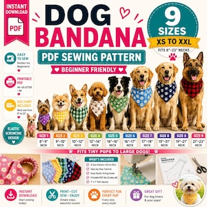 Dog Bandana Sewing Pattern PDF, Elastic Scrunchie Dog Bandana, Reversible Pet Bandana Pattern No Tie Dog Scarf, 9 Sizes DIY Instant Download