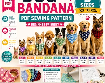 Dog Bandana Sewing Pattern , Elastic Scrunchie Dog Bandana, Reversible Pet Bandana Pattern No Tie Dog Scarf, 9 Sizes DIY Instant Download