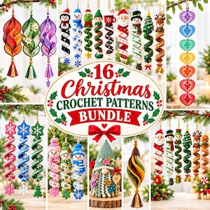 May include: A collection of 16 Christmas crochet patterns featuring various hanging ornaments including spiral designs, snowmen, Santa Claus, reindeer, and a gnome. The central text reads 16 Christmas CROCHET PATTERNS BUNDLE with holly.