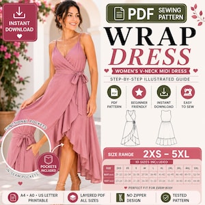 May include: A PDF sewing pattern for a dusty rose wrap dress with a V-neck, spaghetti straps, a tie waist, and a ruffled high-low hem. The pattern includes in-seam pockets, covers sizes 2XS to 5XL, and provides a step-by-step illustrated guide.