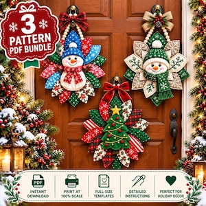 May include: Three decorative fabric wall hangings featuring two snowmen and one Christmas tree, each surrounded by layered, patterned petals. The items include a red plaid bow, a green knit hat, and a yellow star. Text reads 3 PATTERN PDF BUNDLE.