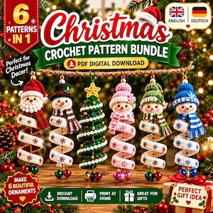 May include: A digital PDF crochet pattern bundle featuring six Christmas ornaments: a Santa, a snowman with a top hat, a Christmas tree, a snowman with a pink hat, an elf, and a blue-hatted snowman, all with spiral bases and hanging loops.