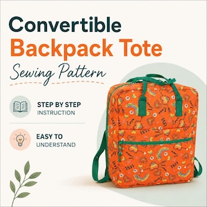 May include: An orange convertible backpack tote sewing pattern. The bag features a repeating pattern of hearts, rainbows, and the word "LOVE". The bag has green straps and zippers. The text on the image says "Convertible Backpack Tote Sewing Pattern", "Step by Step Instruction", and "Easy to Understand".