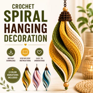 Virkad spiralhängande dekorationsmönster PDF | Tvinnad vindspinnare | Boho heminredning | Virkad solrosdekoration | Direkt nedladdning