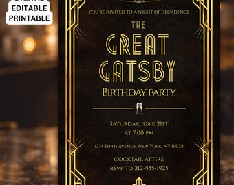 Invito di compleanno a tema Gatsby, anni '20 ruggenti, nero e oro (download digitale)