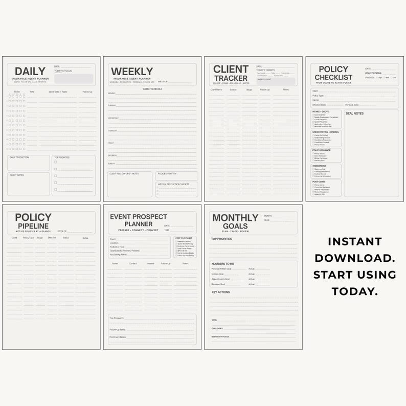 Insurance Agent Planner | Daily, Weekly, Monthly Policy Tracker ...