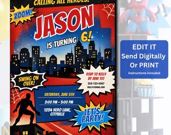 Invito per festa di compleanno a tema Spiderman - Modello modificabile / Invito in stile fumetto / Download digitale