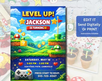 Invito di compleanno a tema Super Mario / Invito per festa a tema videogiochi modificabile (Download digitale)