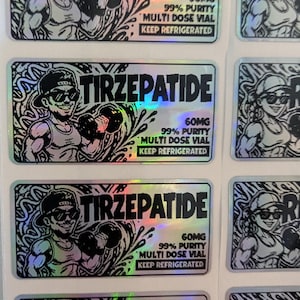 May include: A sheet of rectangular holographic stickers featuring a cartoon illustration of a person wearing a cap and sunglasses while lifting a dumbbell. The text reads TIRZEPATIDE, 60MG, 99% PURITY, MULTI DOSE VIAL, and KEEP REFRIGERATED.