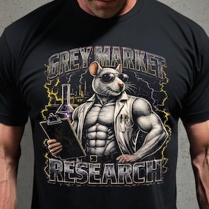 May include: A black t-shirt featuring a graphic of a muscular rat wearing sunglasses and a lab coat, holding a clipboard. The text GREY MARKET RESEARCH is printed in a distressed font above and below the rat, with yellow lightning bolts.