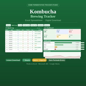 Pode incluir: Uma planilha Excel digital para rastrear a produção de kombucha. A planilha com tema verde inclui registros de lotes, um painel ao vivo e gráficos de atividade SCOBY. Projetado para uso no Excel, Microsoft 365 e Google Sheets.