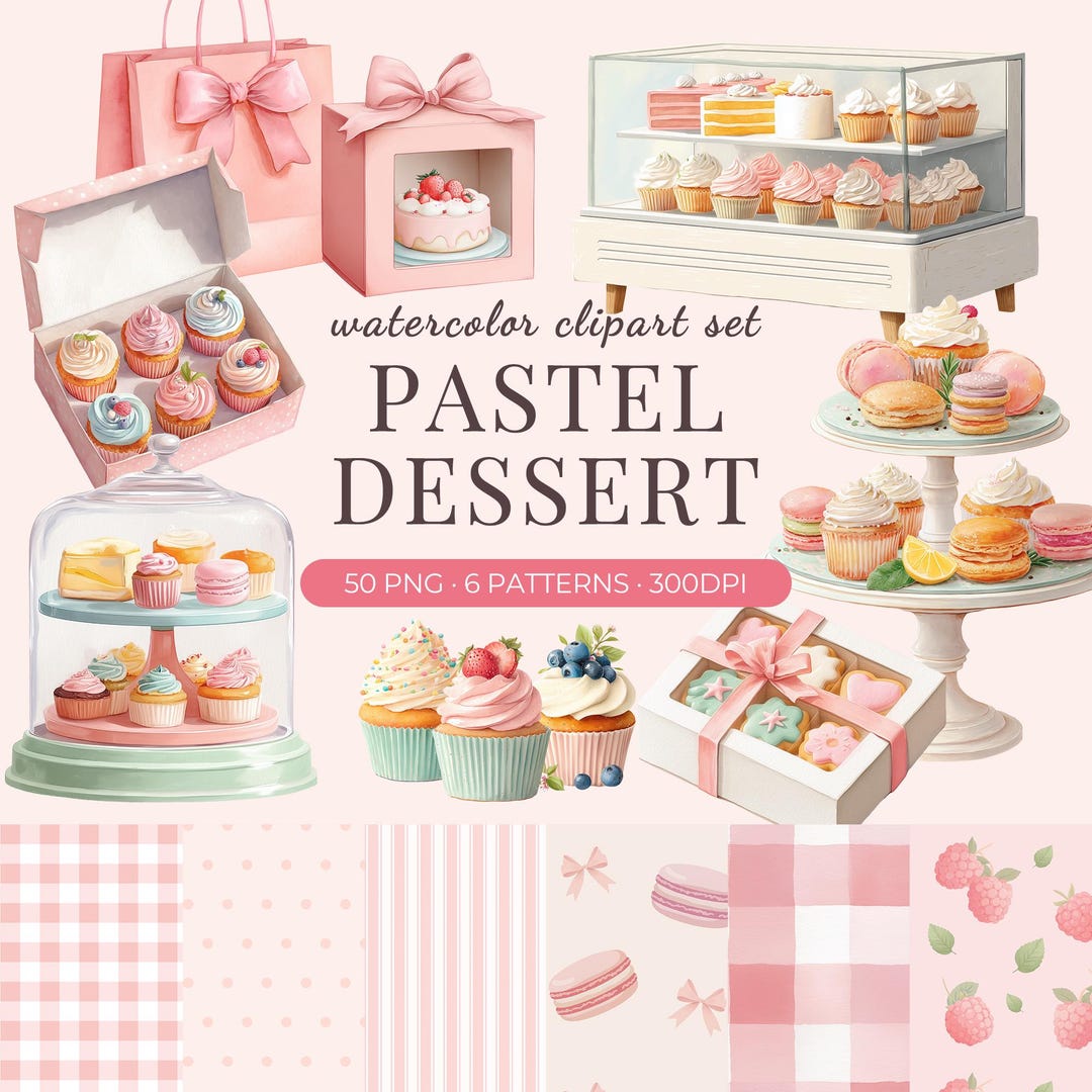 Pastel Dessert Clipart Bundle Watercolor Cupcake Macaron PNG Sweet ...