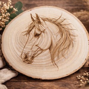 Op de afbeelding: Ronde houten plaat met een gedetailleerd pyrografie ontwerp van een paardenkop. Het profiel van het paard is in het lichte hout geëtst, met de nadruk op de manen en gezichtskenmerken. De plaat heeft een natuurlijke, rustieke rand.