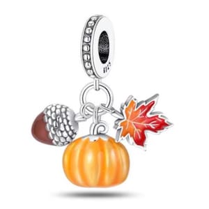 Può includere: Un charm in argento con ciondoli a tema autunnale. Il charm presenta una zucca, una foglia d'acero con smalto rosso e arancione e una ghianda con smalto marrone. Il charm è progettato per essere aggiunto a un braccialetto.