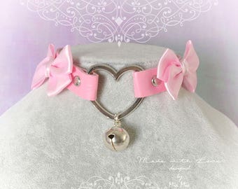 Kitten Pet Play Collar Choker Necklace Pink Faux Leather Heart Bell Bow Choker necklace , BDSM DDLG Kitty play Lolita choker Pastel goth