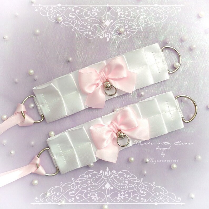Tug Proof O Ring 2 pcs Kitten Pet Play Cuffs Gloves Jewelry BDSM DDLG Daddys Girl Costume White Baby Pink Bow Cuffs Set Bracelet