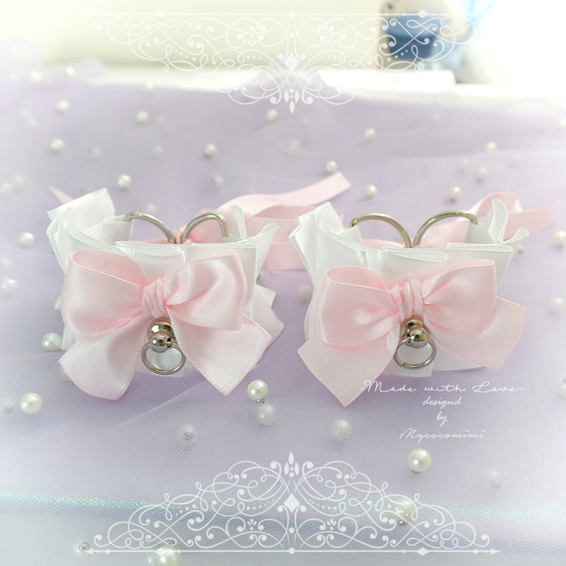 Tug Proof O Ring 2 pcs Kitten Pet Play Cuffs Gloves Jewelry BDSM DDLG Daddys Girl Costume White Baby Pink Bow Cuffs Set Bracelet
