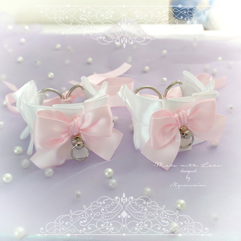 Tug Proof O Ring 2 pcs Kitten Pet Play Cuffs Gloves Jewelry BDSM DDLG Daddys Girl Costume White Baby Pink Bow Cuffs Set Bracelet