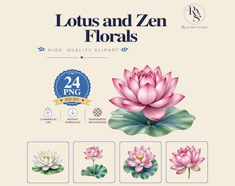 Lotus and Zen Florals PNG Bundle, flower png, floral clipart, spiritual flower png, Watercolor PNG Commercial Use Digital Download