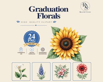 Graduation Florals Clipart PNG Bundle,Sunflower PNG,Calla Lily Clipart,Watercolor Graduation Floral,Commercial Use,Digital Download,Achievem