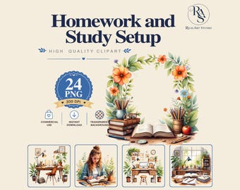 Homework and Study Setup PNG Bundle, learning png, education png, school png, Watercolor PNG Commercial Use Digital Download