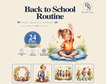 Back to School Routine PNG Bundle, kids png, morning png, prep png, Watercolor PNG Commercial Use Digital Download