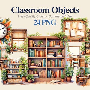 Può includere: Illustrazione ad acquerello di oggetti scolastici, tra cui librerie, un orologio e una lavagna. L'immagine presenta il testo "Classroom Objects" e "24 PNG". Lo stile è un mix di elementi vintage e botanici.