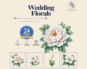 Wedding Florals Clipart PNG Bundle,White Peony PNG,Garden Rose Clipart,Watercolor Wedding Floral,Commercial Use,Digital Download,Bridal Bota