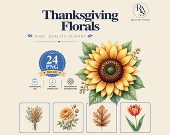 Thanksgiving Florals Clipart PNG Bundle,Sunflower PNG,Wheat Clipart,Watercolor Thanksgiving Floral,Commercial Use,Digital Download,Harvest B
