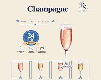 Champagne PNG Bundle, glass png, beverage clipart, realistic png, Watercolor PNG Commercial Use Digital Download