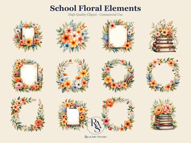 School Floral Elements PNG Bundle, Botanical Png, Design Png, Clipart ...