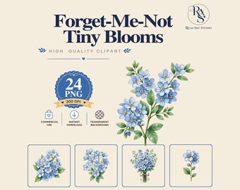 Forget-Me-Not Tiny Blooms PNG Bundle, small flower clipart, blue flower clipart, delicate, Watercolor PNG Commercial Use Digital Download