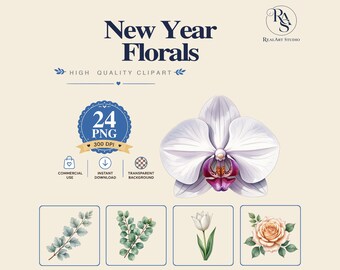 New Year Florals Clipart PNG Bundle,White Orchid PNG,Silver Botanical Clipart,Watercolor New Year Floral,Commercial Use,Digital Download,Cel