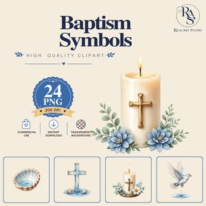 Può includere: Una collezione digitale di simboli per il battesimo con una candela color crema, una croce dorata e fiori blu. Il set include 24 file PNG con icone di una conchiglia, una croce di pietra, una candela e una colomba. Testo: Baptism Symbols.