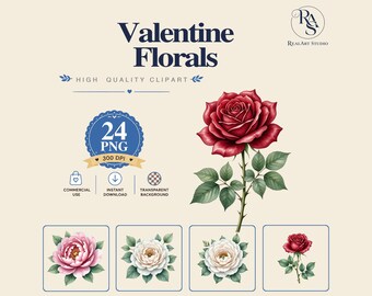 Valentine's Florals Clipart PNG Bundle,Red Rose PNG,Pink Peony Clipart,Watercolor Valentine Floral,Commercial Use,Digital Download,Romantic