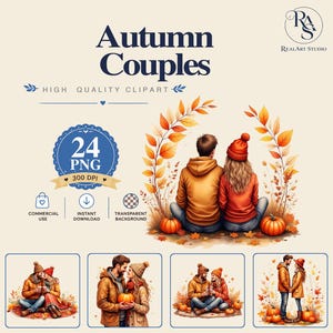Paquete PNG de parejas de otoño, pareja de otoño PNG, romántico PNG, pareja PNG, descarga digital de acuarela PNG para uso comercial